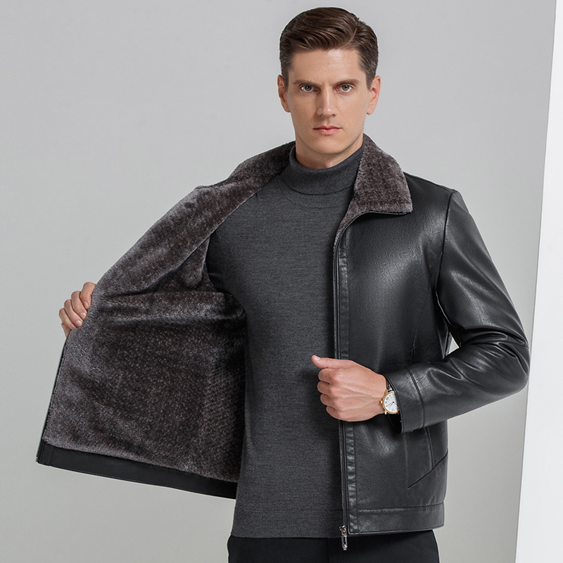 新款皮衣男士皮毛壹體真皮外套中年翻領冬季加絨加厚內膽爸爸裝