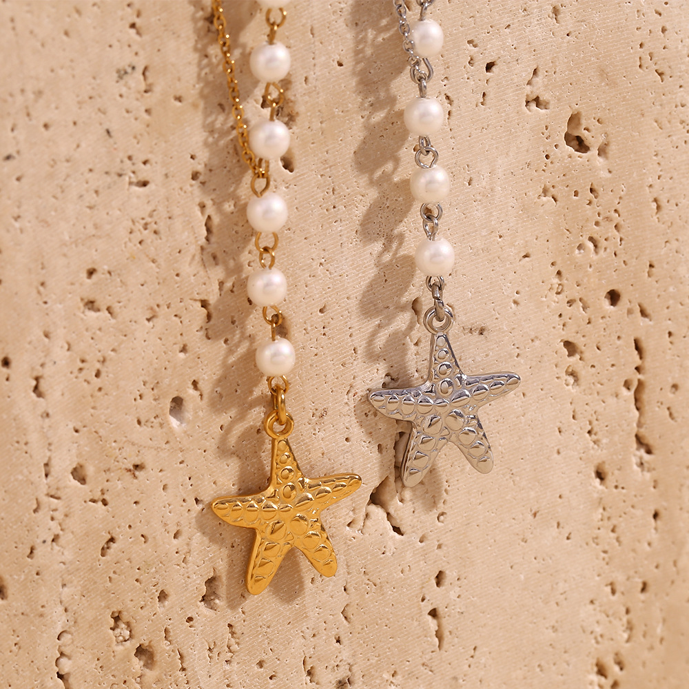 Stainless Steel Starfish Pearl Asymmetrical Necklace