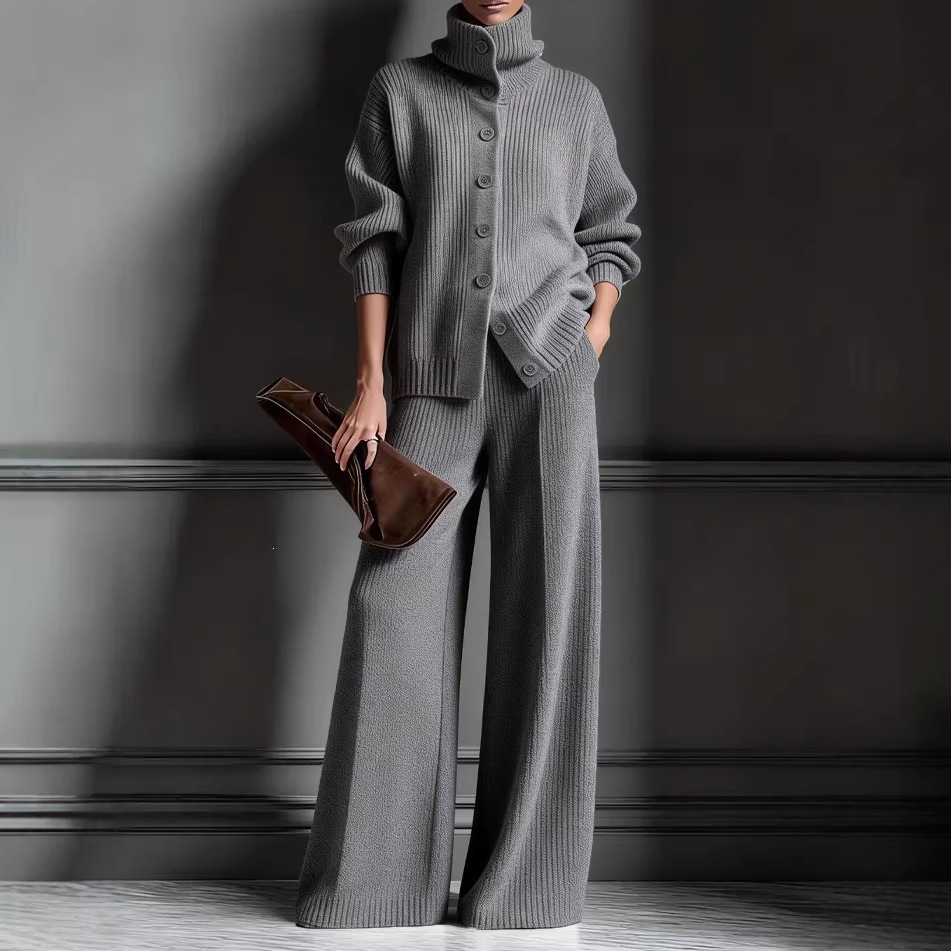 New Product Recommendation: European and American Cross-Border Plus-Size Women's Clothing Set, Autumn and Winter High-Neck Cardigan and Wide-Leg Pants Knit Two-Piece Set