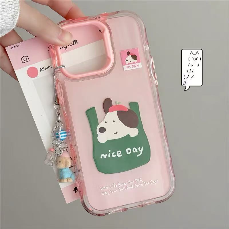 Caricatura linda bolsa de compras para perros iphone15 pareja 16ProMax Apple 14 funda para teléfono móvil 13 colgante
