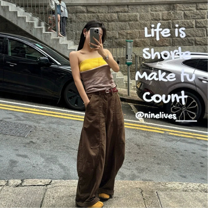 Petite American retro brown silhouette curved knife jeans for women, new high-waisted slimming wide-leg deconstructed scythe pants Petite American retro brown silhouette curved knife jeans for women, new high-waisted slimming wide-leg deconstructed scythe pants