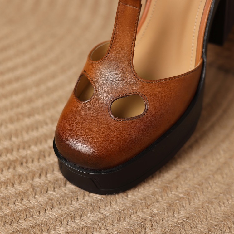 Sandal nữ đế xuồng platform gót vuông phong cách vintage khóa kim loại — màu nâu, màu đen chi tiết 51