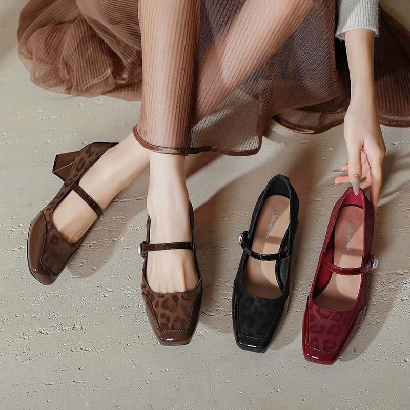 Mary Jane shoes, retro high heels heels square toe, french style, wide stable heel, 2025 years, plus size, leopard print