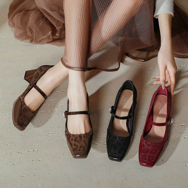 Французские туфли Мэри Джейн на толстом каблуке красные туфли на высоком каблуке новые квадратные головы плюс размер леопардового цвета ретро одиночные туфли на высоком каблуке 2025