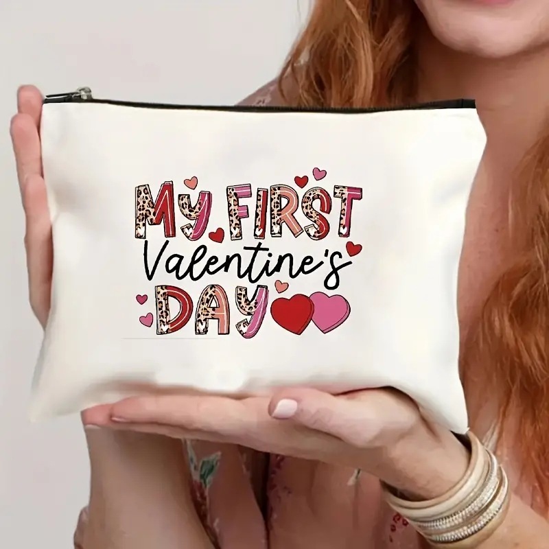 Cross-border Amazon Temu popular Día de San Valentín de lino de doble cara de impresión bolsa de cosméticos bolsa de almacenamiento de las mujeres de múltiples funciones tirón