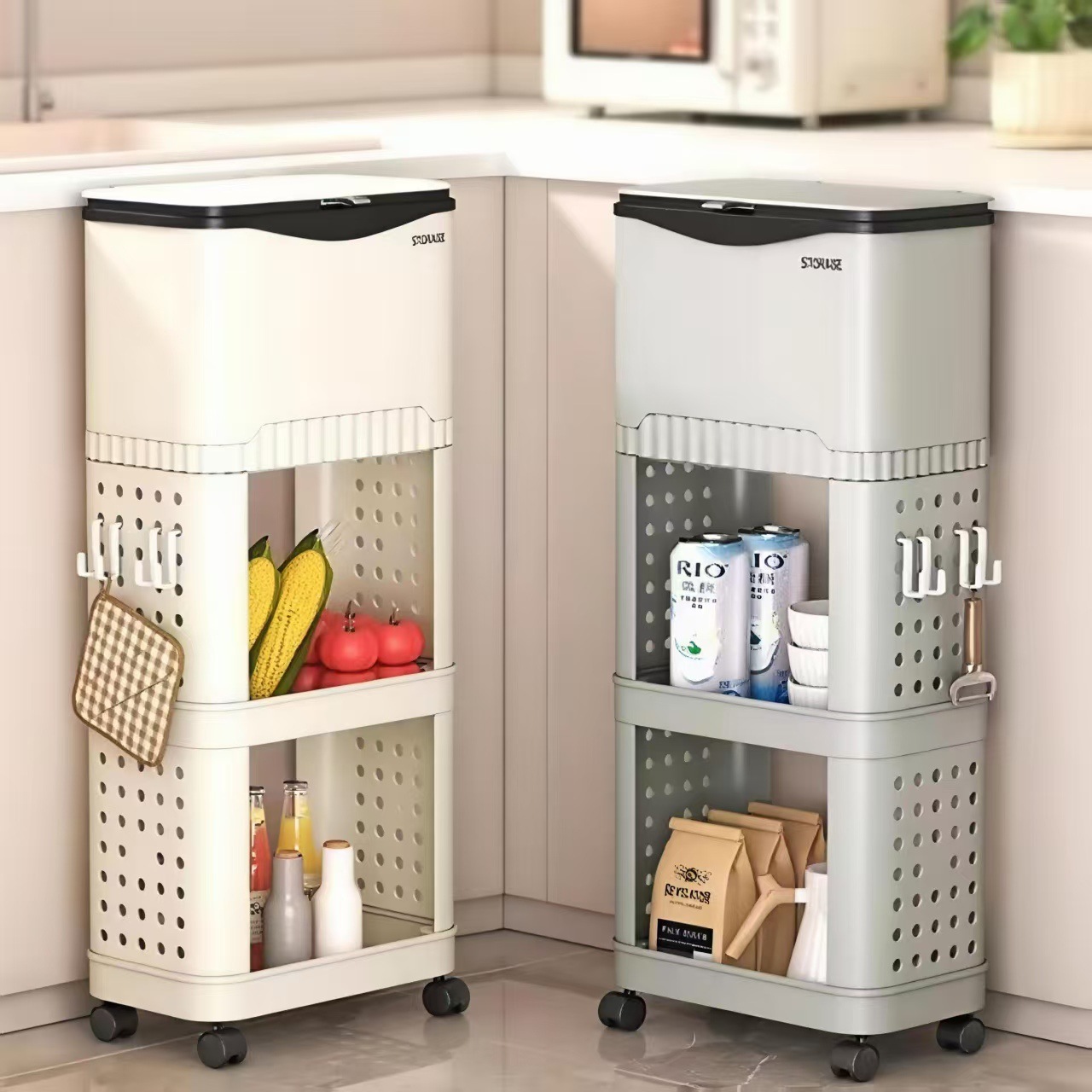 Basura de cubierta deslizante gran capacidad de cocina sin cintura doblada estante de almacenamiento de piso móvil de doble capa estante de almacenamiento de sala de estar cesta