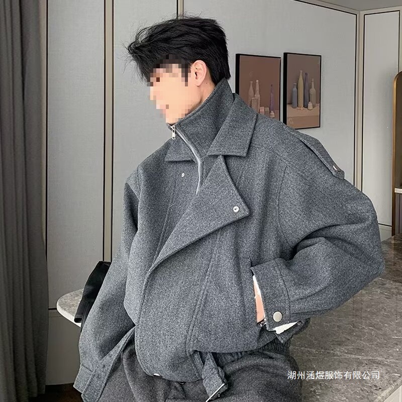 韩式复古高级感廓形双层立领毛呢夹克男秋季街头痞帅外套cleanfit
