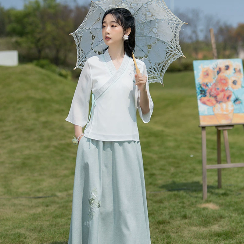 2023 Новая Женская одежда в китайском стиле Китайский Ретро Улучшенный Топ ханьфу с вышитым воротником Костюм Тан Дзен Чайный костюм