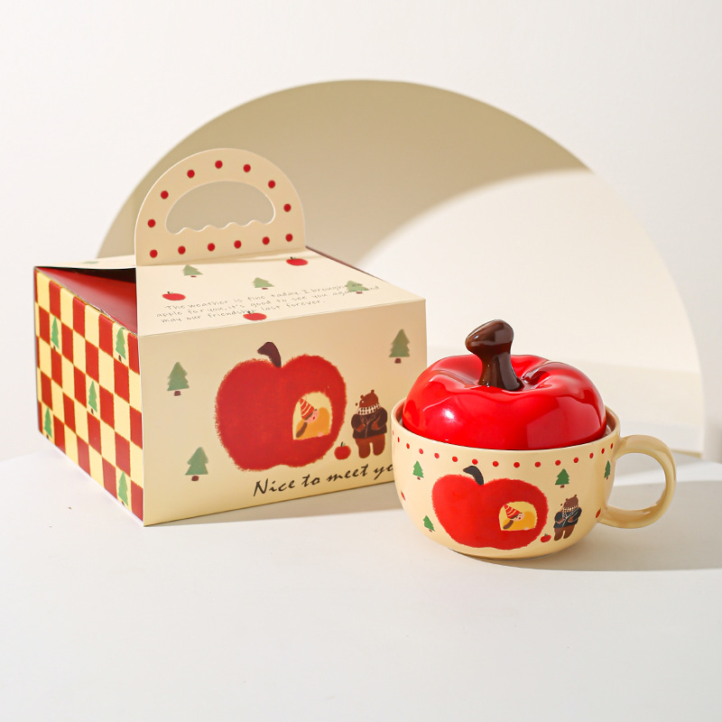 Tazón de cerámica de manzana creativo de alto valor de cara con cuchara de cubierta roja, tazón de fideos, regalo de Navidad para chicas.