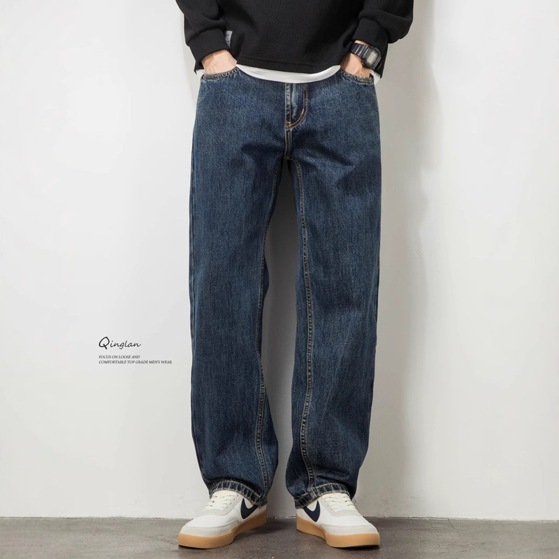 2026 New Style Dark Blue Washed Jeans for Men, Straight Loose Fit, American Retro Style, Trendy Casual Pants for Spring and Autumn