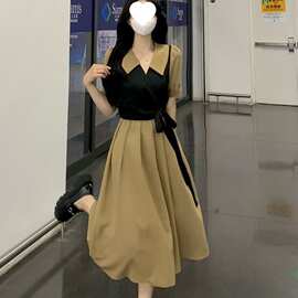 大码女装翻领连衣裙女夏季系带收腰马甲假两件娃娃领中长款连衣裙
