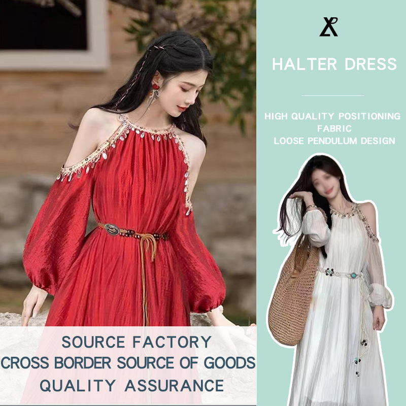 Factory Direct Sales Off-Shoulder Red Dress Bohemian Resort Style Tea Break Long Dress with Belt Ready for Sale Factory Direct Sales Off-Shoulder Red Dress Bohemian Resort Style Tea Break Long Dress with Belt Ready for Sale