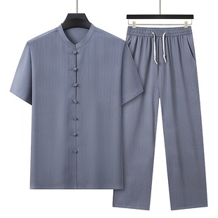 Tang Suit Men's Middle-Aged and Elderly Short-Sleeved Summer Thin Chinese Style Dad's Summer Suit Ethnic Clothing Tang Suit
