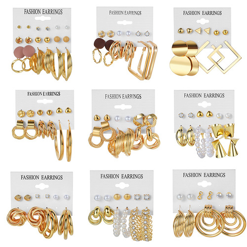 European and American cross-border alloy earrings, square geometric earrings set, 6-piece retro pearl card earrings and earrings