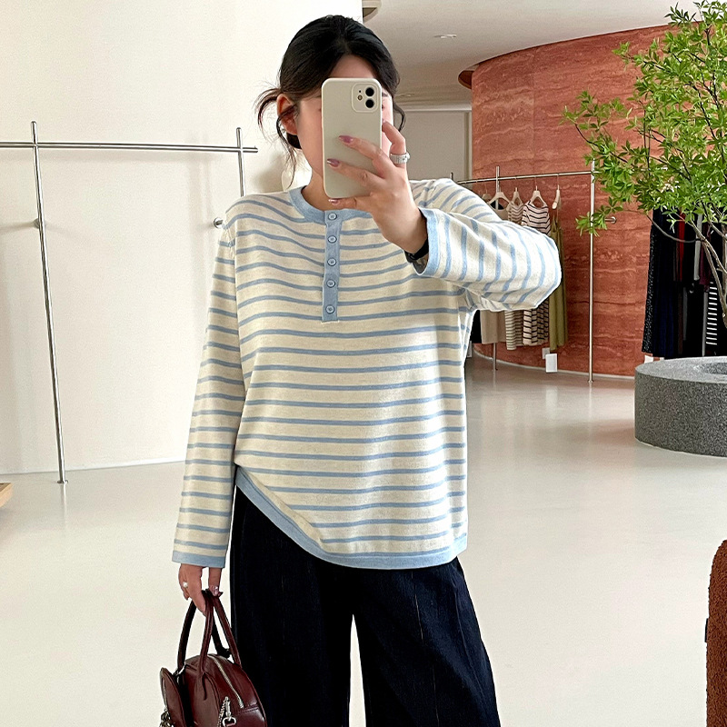 Henry Collar Striped Knit Top 2026 Autumn Collection Plus Size Half-Button Casual Relaxed Fit Base Shirt 25216