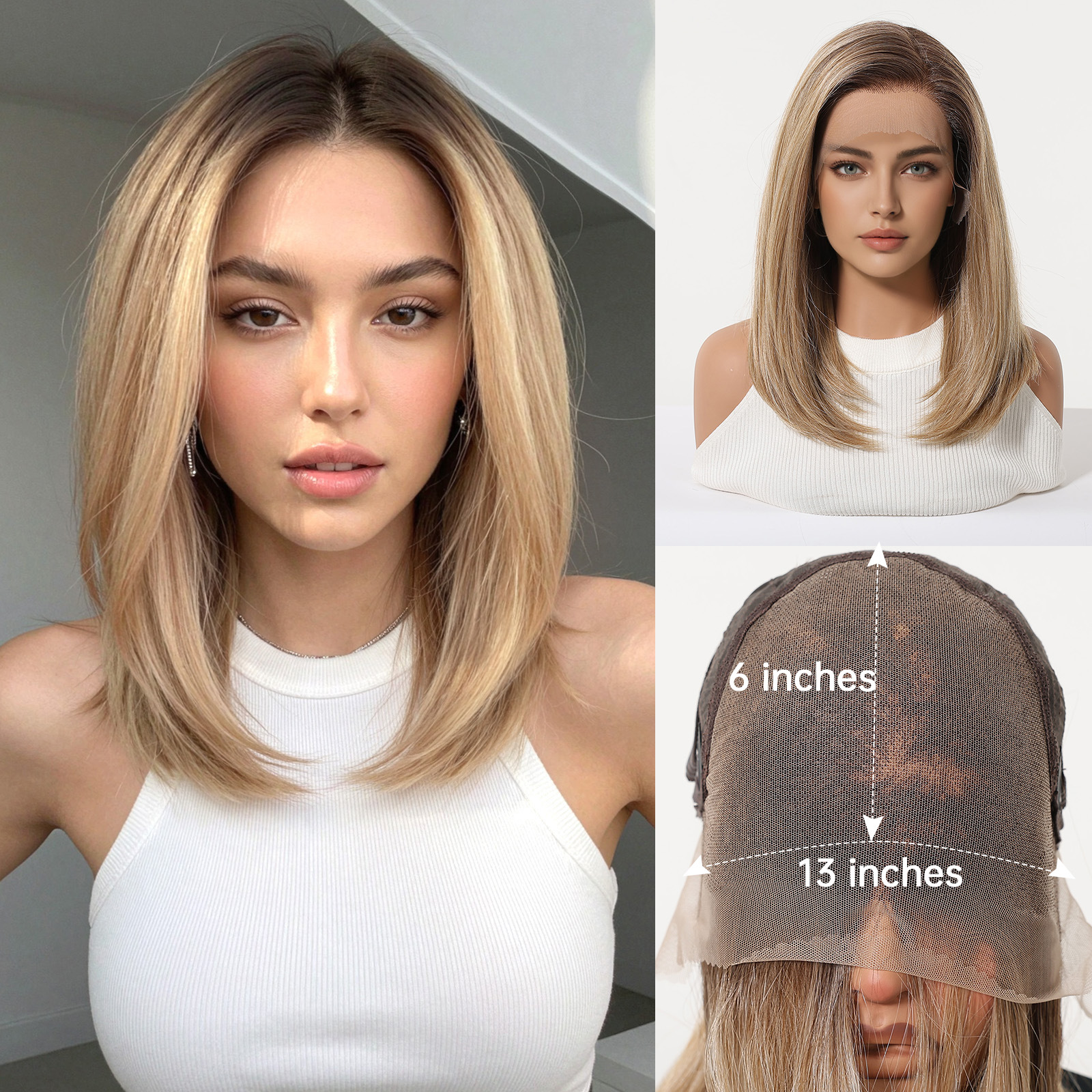 Peluca de encaje transfronteriza 13*6HD de gran superficie con raya al medio, cabello largo y liso negro-marrón, peluca de encaje completa de moda.