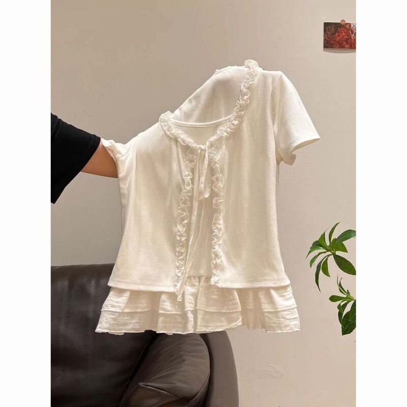 French-Style Gentle Ruffle Lace Fake Two-Piece T-Shirt for Women, Summer 2026 Fashion Elegant Bow Tie Top
