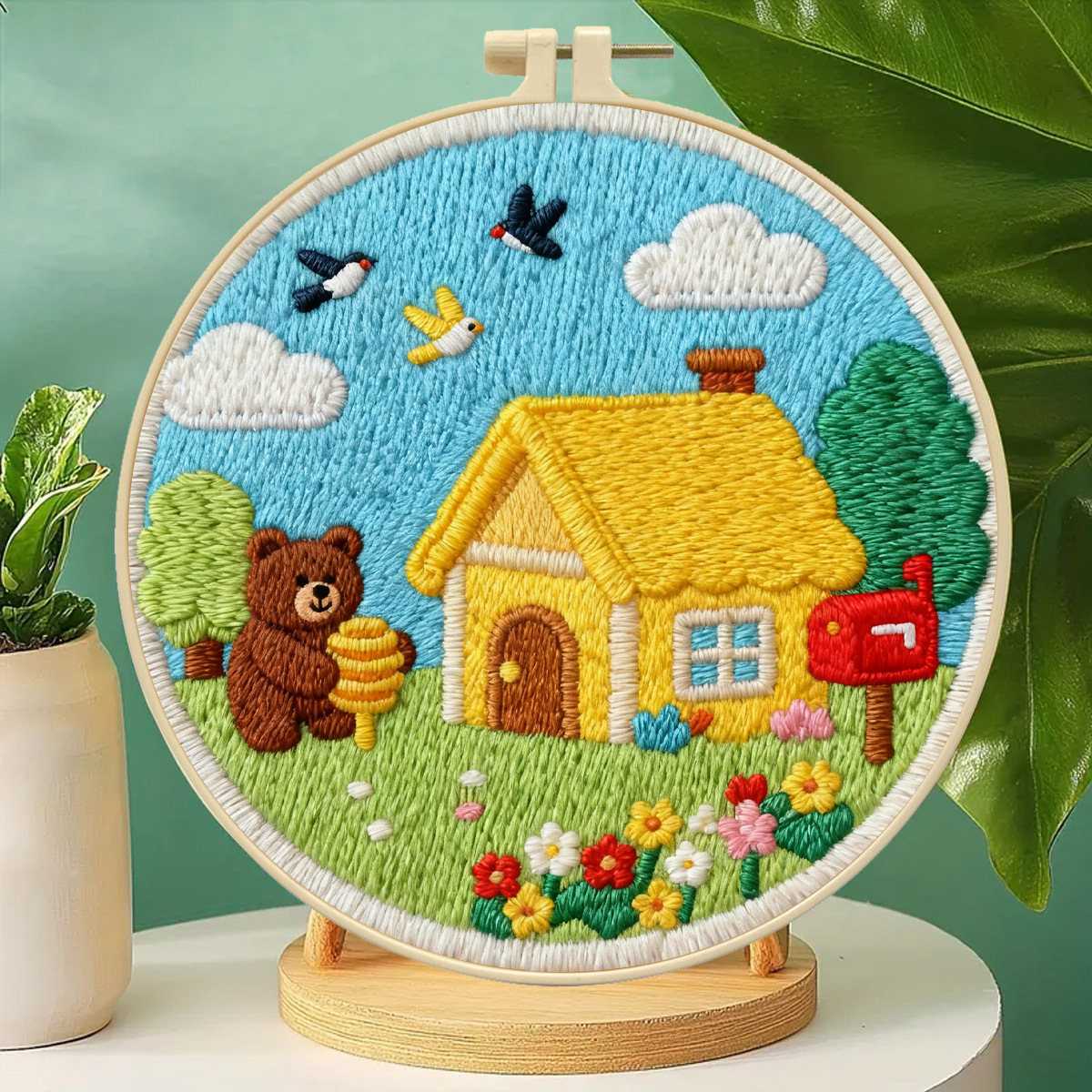 Nuevo transfronterizo primavera cabaña oso dulce dibujos animados principiantes bordado DIY material fábrica de paquetes al por mayor