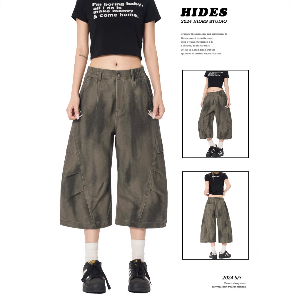 American Military Green Distressed Dirty Dyed Denim Cropped Pants for Men in Summer Loose Straight Wide Leg Pleated Semi-Elastic Pants