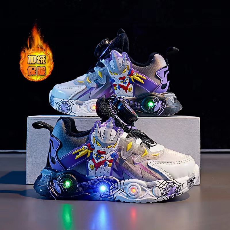Children's Shoes, New Light-Up Button Sneakers, Plus Velvet to Keep Warm, Suitable for Boys and Girls, Super Cool Cartoon Non-Slip Soft Soles