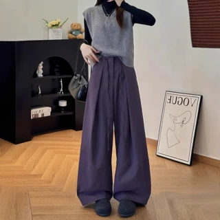 紫色鱼骨纹阔腿裤女2026春新款抽绳高腰设计感褶皱弯刀气球休闲裤
