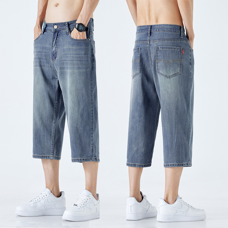 Tencel Denim Cropped Pants for Men, Summer Thin Trendy American Casual Cool Versatile Straight Shorts for Men