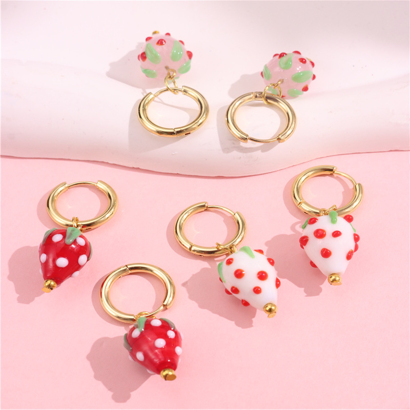 15g Weight 304 Stainless Steel Ear Needle Material Drop Earrings Classification 1 Pair Cute Sweet Fruit Strawberry 304 Stainless Steel Resin Drop Earrings