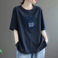 a100% ピュアコットン半袖 Tシャツ女性のための 2025 新しい夏ルーズ大きいサイズ多用途西洋スタイルカジュアルプリントトップトレンディ