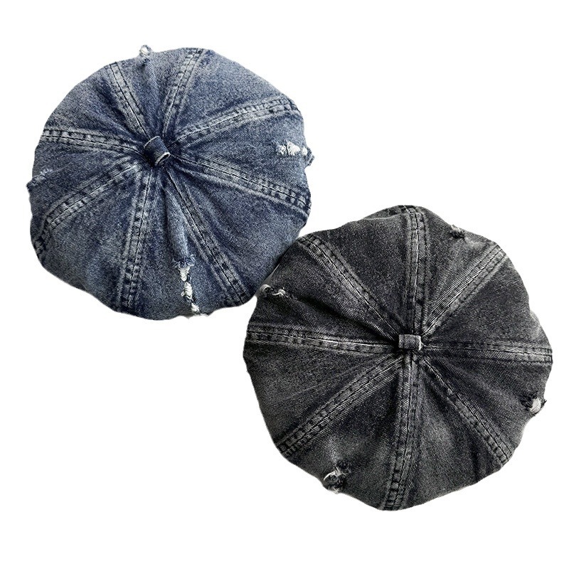 Retro coreano hace viejos agujeros vaqueros boina de mujer cabeza grande cara pequeña gorra gorra pintora gorra universal