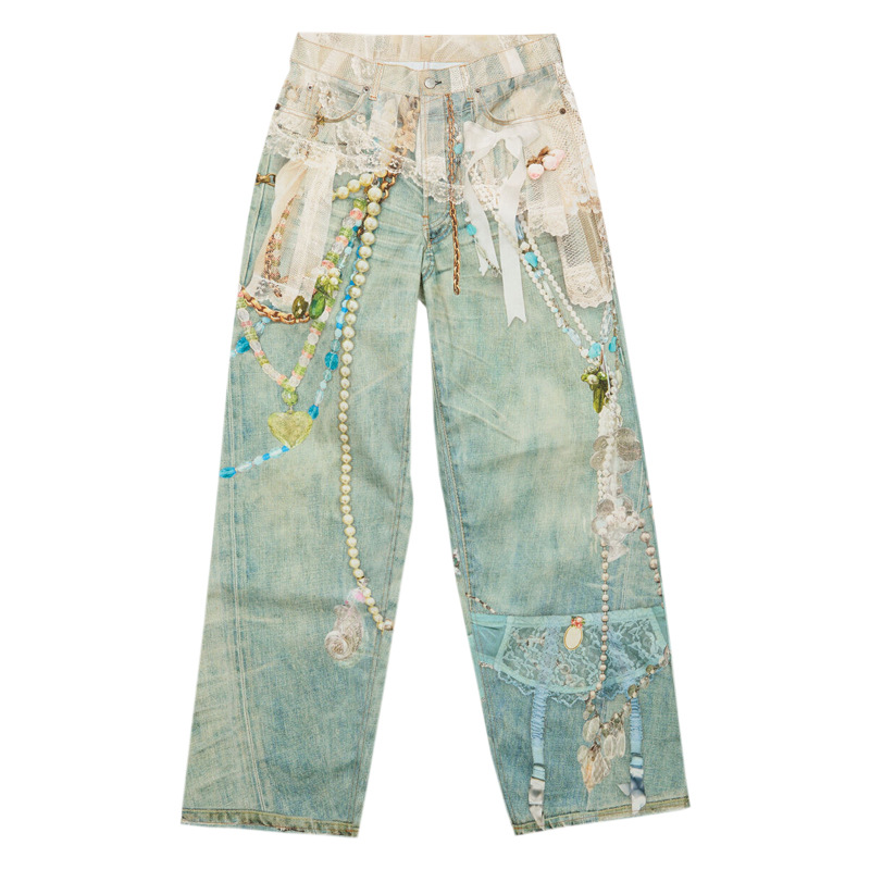 クロスボーダーのトレンディなAC手描きのスプラッシュインクのほつれ加工のウォッシュ加工のダメージ加工のパンツ、男性と女性用、ゆったりと多用途、軽くて豪華なワイドレッグジーンズ