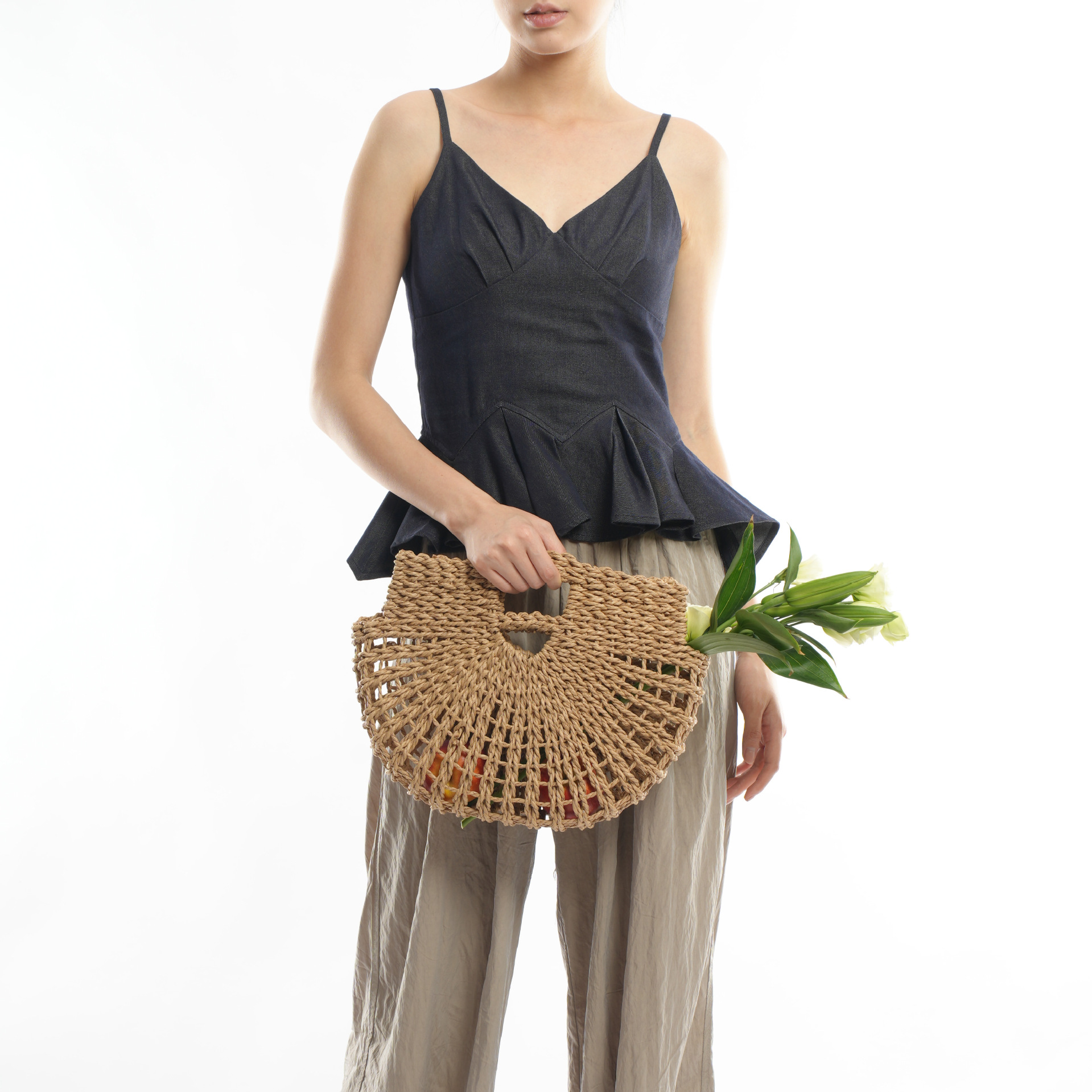 819g Weight Straw Fashion Element Women's Medium Paper Solid Color Vacation Straw Oval Open Handbag