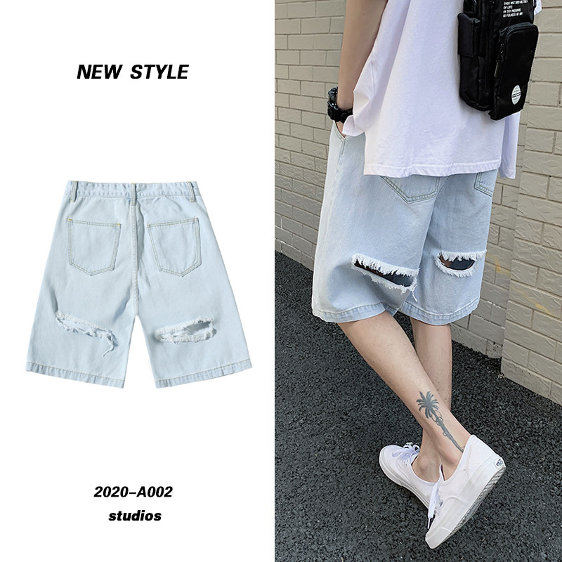 Men's 2024 Summer New Korean Style Loose-Fitting Thin Fashionable Ripped Denim Hong Kong Style Casual Sports Five-Point Pants Batch