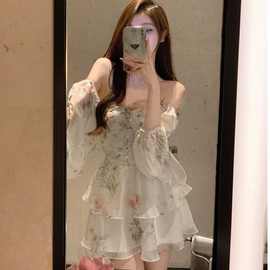 超仙雪纺碎花连衣裙女夏季感气质仙女不规则裙收腰小个子短裙代发