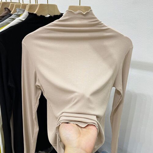 White Wood Ear Edge Top Spring and Autumn Season Ribbed Half High Collar Base Shirt Women's Innerwear Thin Version Long Sleeve Yu Kang