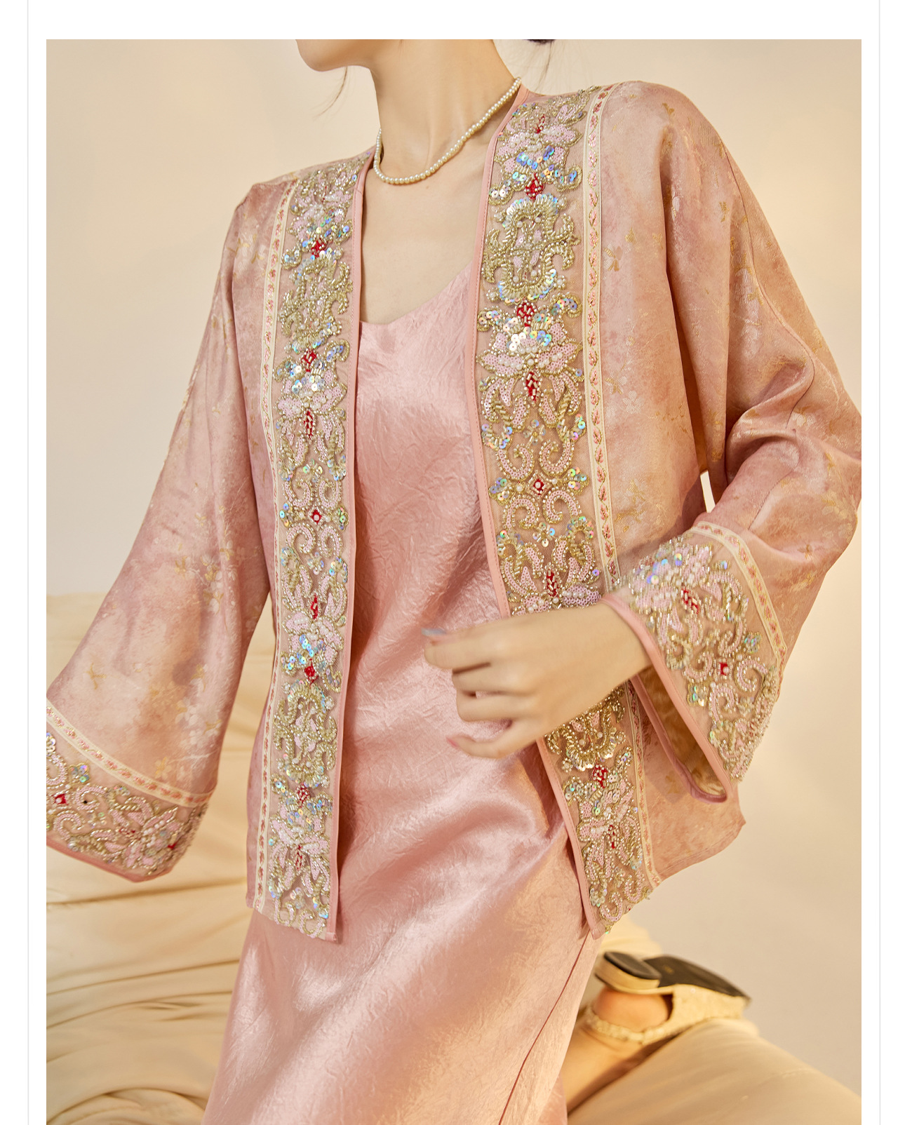 Áo khoác cardigan thêu hoa nặng kiểu Trung Hoa mới, đính cườm cao cấp N7065 — hồng chi tiết 8