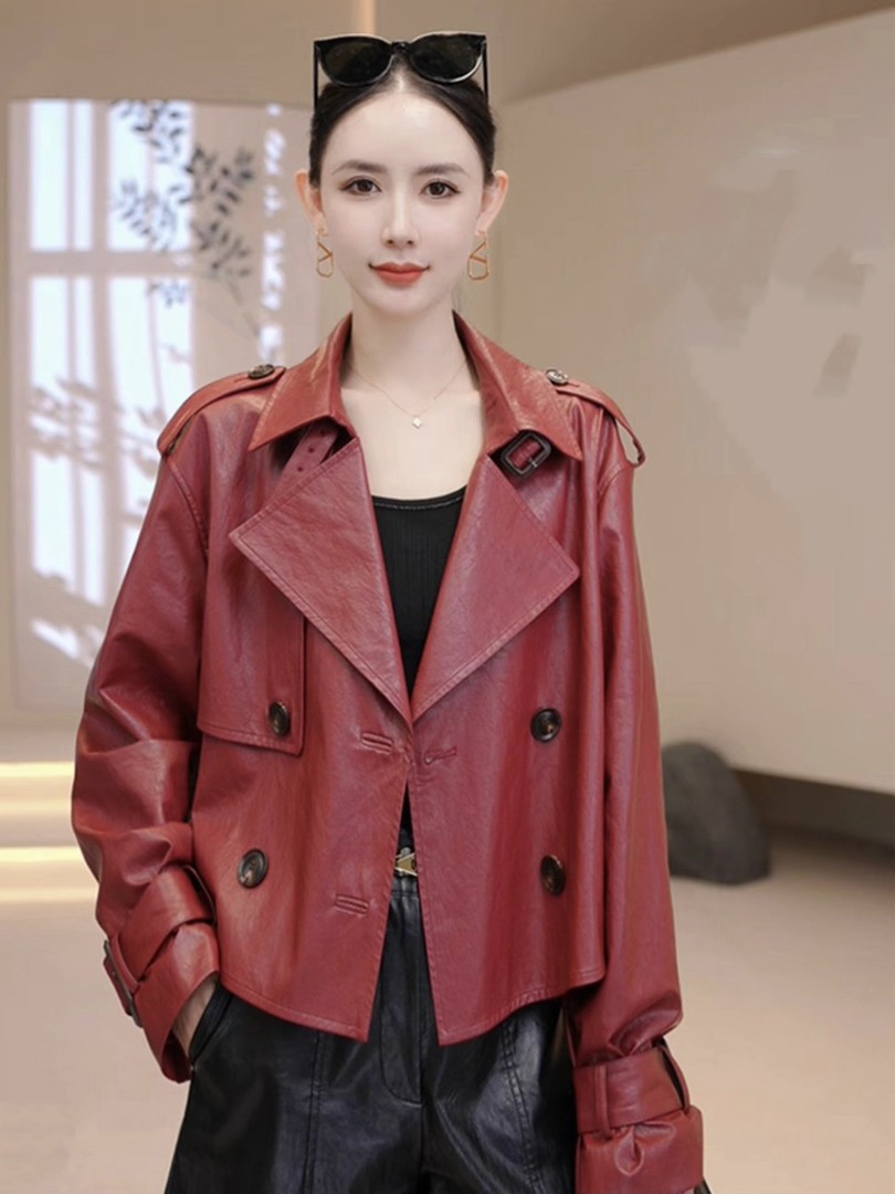Áo khoác da nữ ngắn hai hàng khuy phong cách cổ điển — màu đỏ
