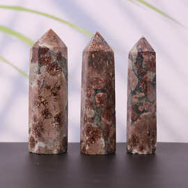 天然水晶绿樱花玛瑙六棱柱 原石打磨摆件 水晶柱家居饰品摆件