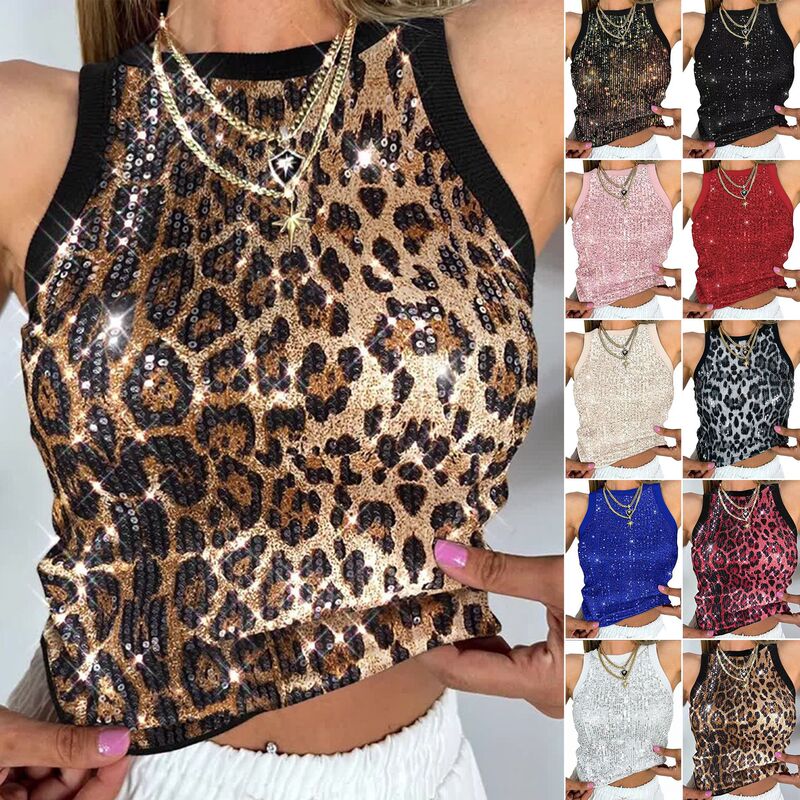 Amazon foreign trade cross-border sequin leopard print summer women's crop top, sexy, waist-baring, color-blocked, sleeveless top for women Amazon foreign trade cross-border sequin leopard print summer women's crop top, sexy, waist-baring, color-blocked, sleeveless top for women