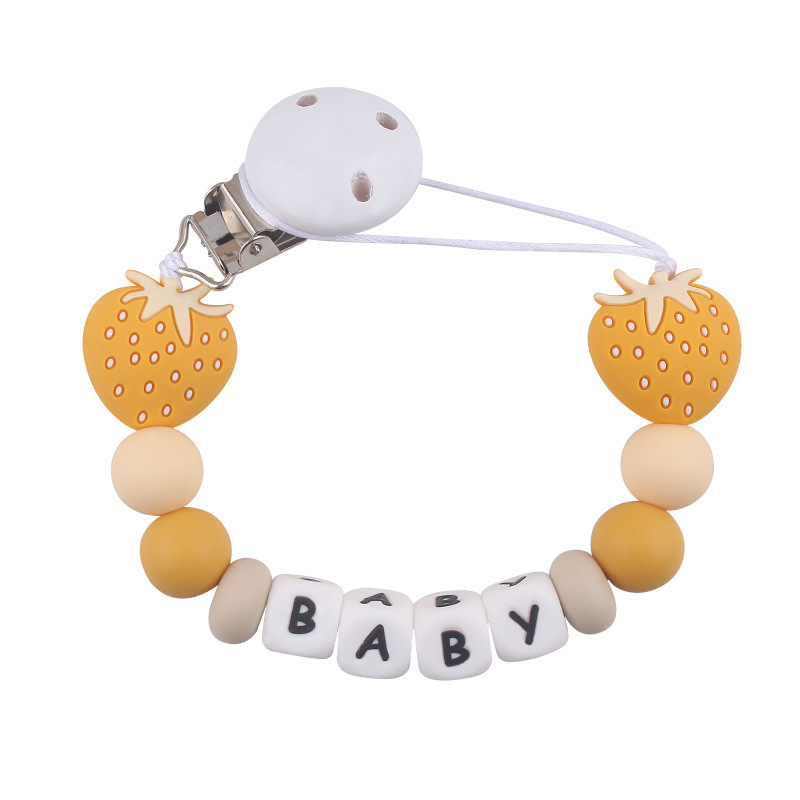 Nuevos productos para bebés Clip de chupete redondo de madera para calmar la cadena de chupete de silicona de fresa de dibujos animados para bebés