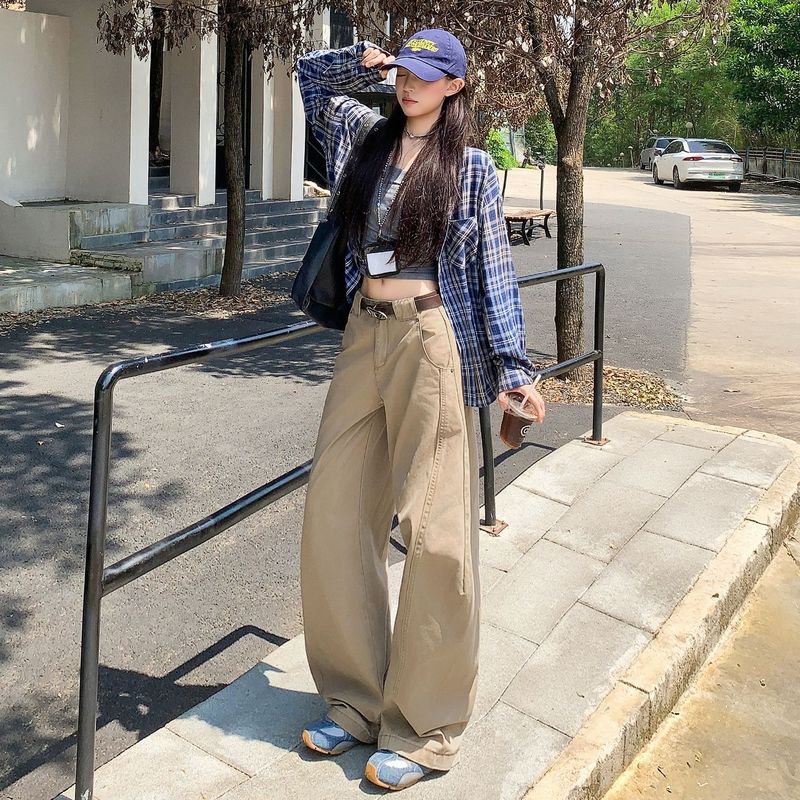 卡其色弯刀牛仔裤女2025秋季新款高腰显瘦宽松直筒工装休闲裤子|undefined