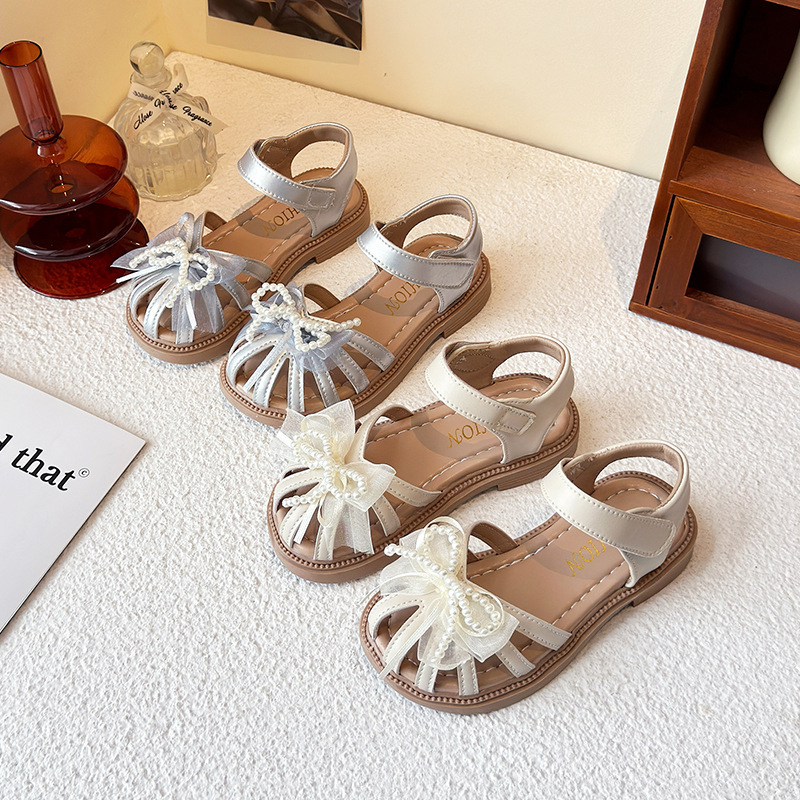 Princess Summer Style Beach Shoes for Girls Soft Soled Sandals with Pearl Bow Little Girl Footwear_voghion.com