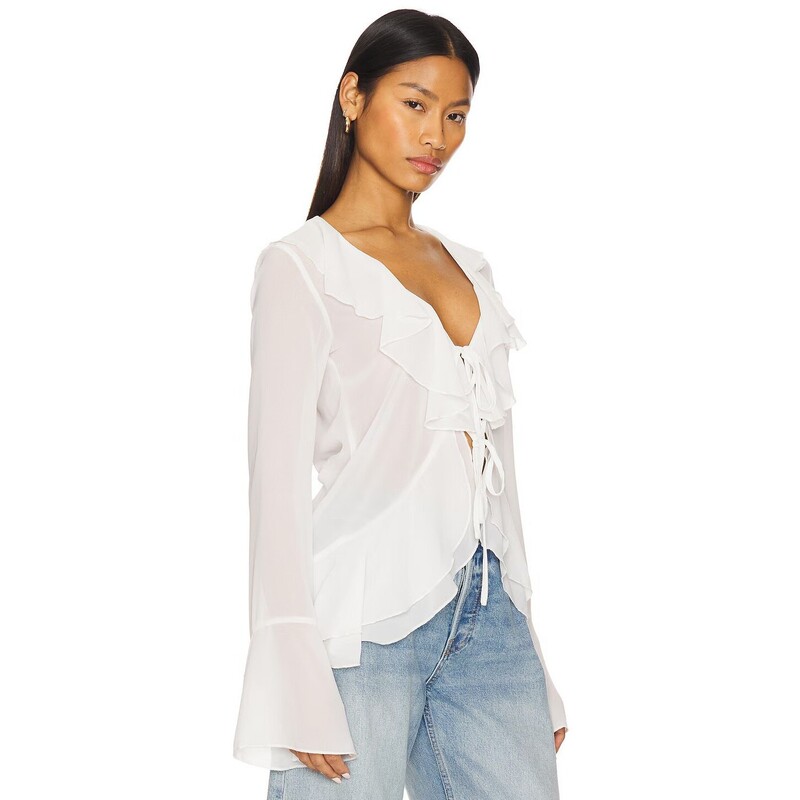 European and American cross-border 2026 sheer chiffon blouse for women, long-sleeved V-neck with tie detail, ruffled flared sleeves, stylish top European and American cross-border 2026 sheer chiffon blouse for women, long-sleeved V-neck with tie detail, ruffled flared sleeves, stylish top