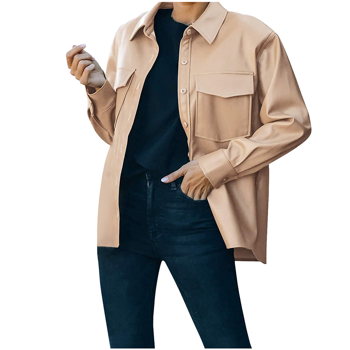 Europe And America Cross-border Women With Breast Pocket Button Casual Short Long Sleeve Jacket PU Leather Jacket