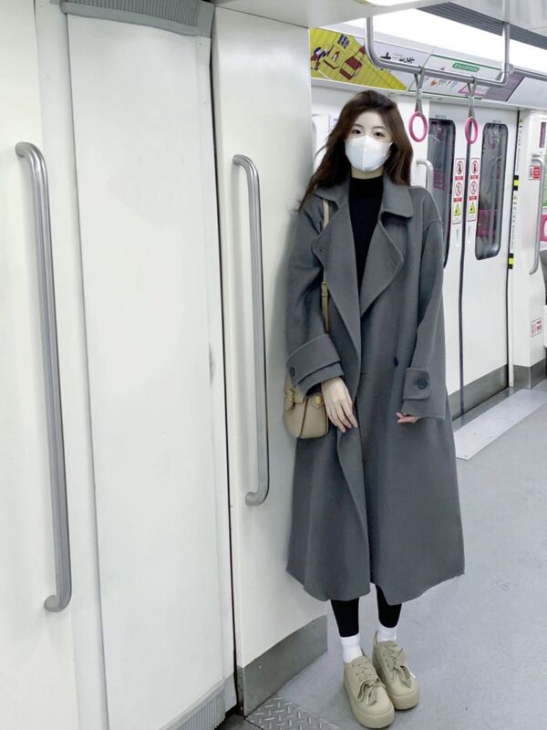 灰色双面羊绒呢子大衣女中长款2025秋冬新款高级感小个子毛呢外套|undefined