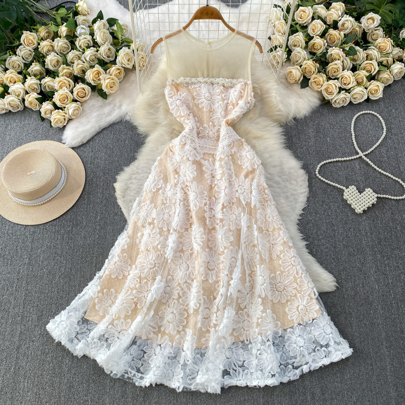 European and American Socialite Style Heavy-Duty Rhinestone-Embellished Floral Mesh Hollow-Out Sleeveless Dress for Women, Suitable for Vacation, Wedding, or as a Long Gown European and American Socialite Style Heavy-Duty Rhinestone-Embellished Floral Mesh Hollow-Out Sleeveless Dress for Women, Suitable for Vacation, Wedding, or as a Long Gown