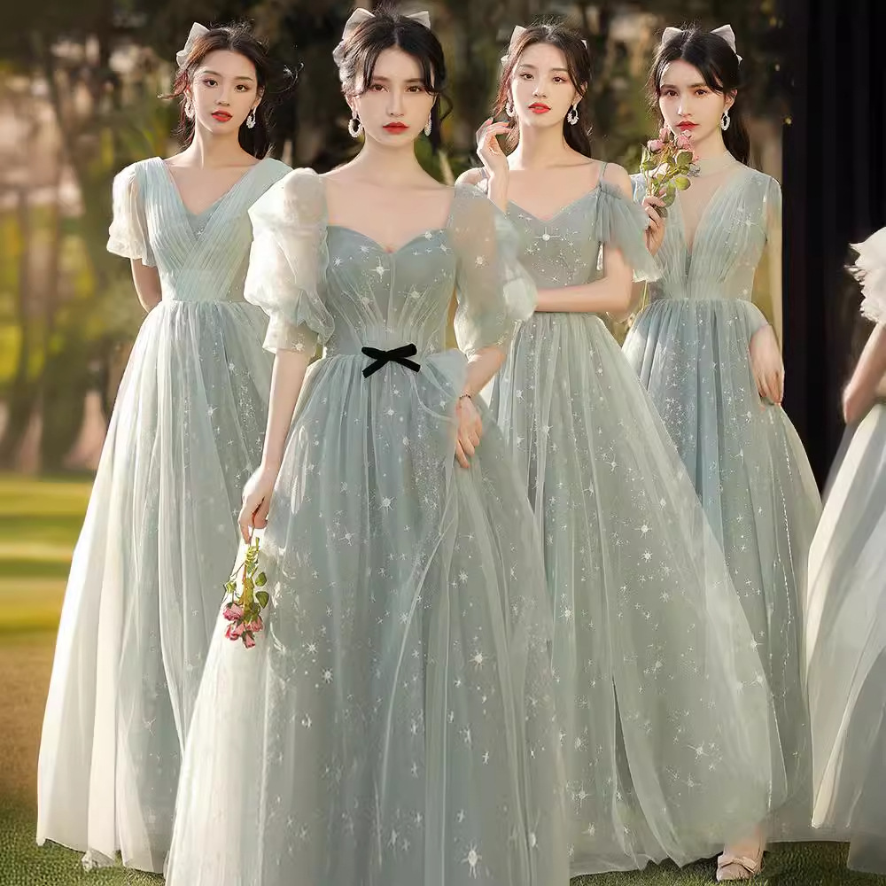 Forest Style Bridesmaid Dress 2025 New Spring Long Fairy Elegant Sister Group Dress Bestie Dress Slimming Look Short-Sleeved Covering the Flesh