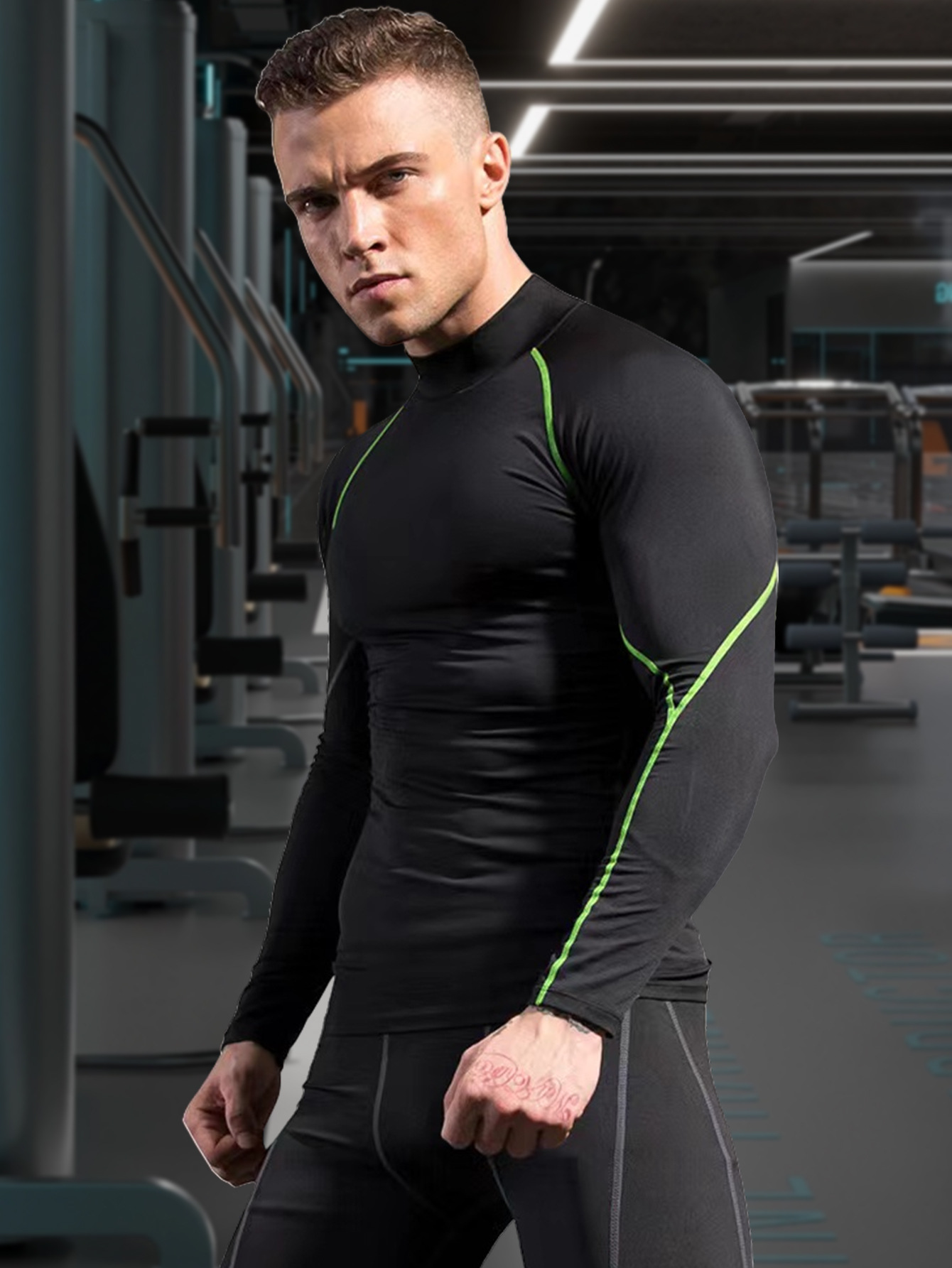 Ropa de fitness de cuello alto de código de belleza Camiseta de secado rápido elástica de manga larga para hombres Ropa para correr Entrenamiento de baloncesto Top de deportes al aire libre