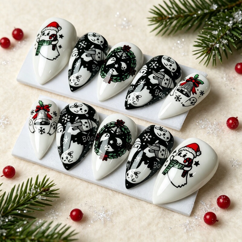 Childlike Christmas Nail Art Pieces: Christmas Ghost, Snowman, Wreath Fake Nails, 30 Pieces, Christmas Wearable Nails Wholesale