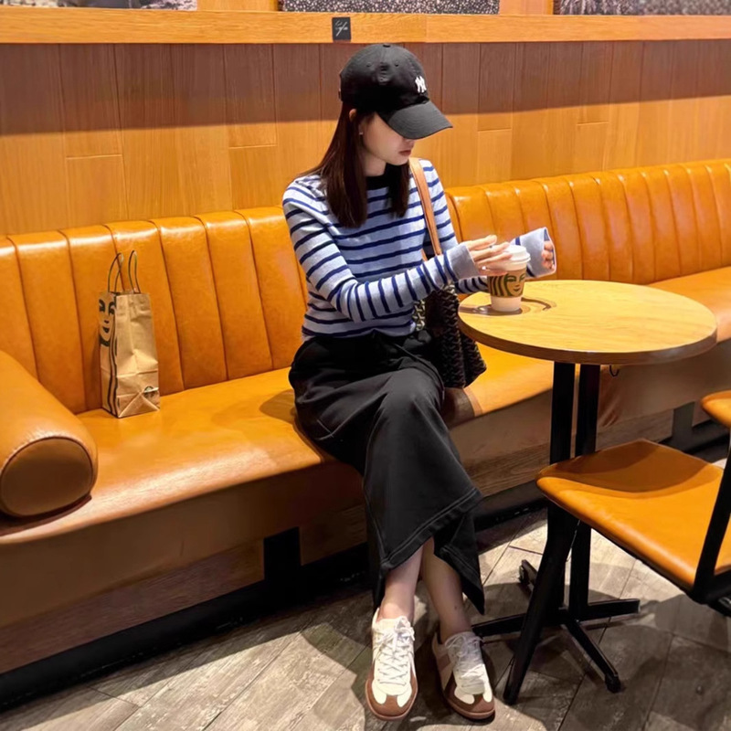 法国rouje chic法式百搭休闲风蓝色条纹修身显瘦T恤女春长袖上衣|undefined