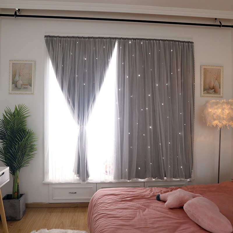 Fábrica directa red hueco estrella velcro cortina dormitorio libre de perforación instalar tipo autoadhesivo simple